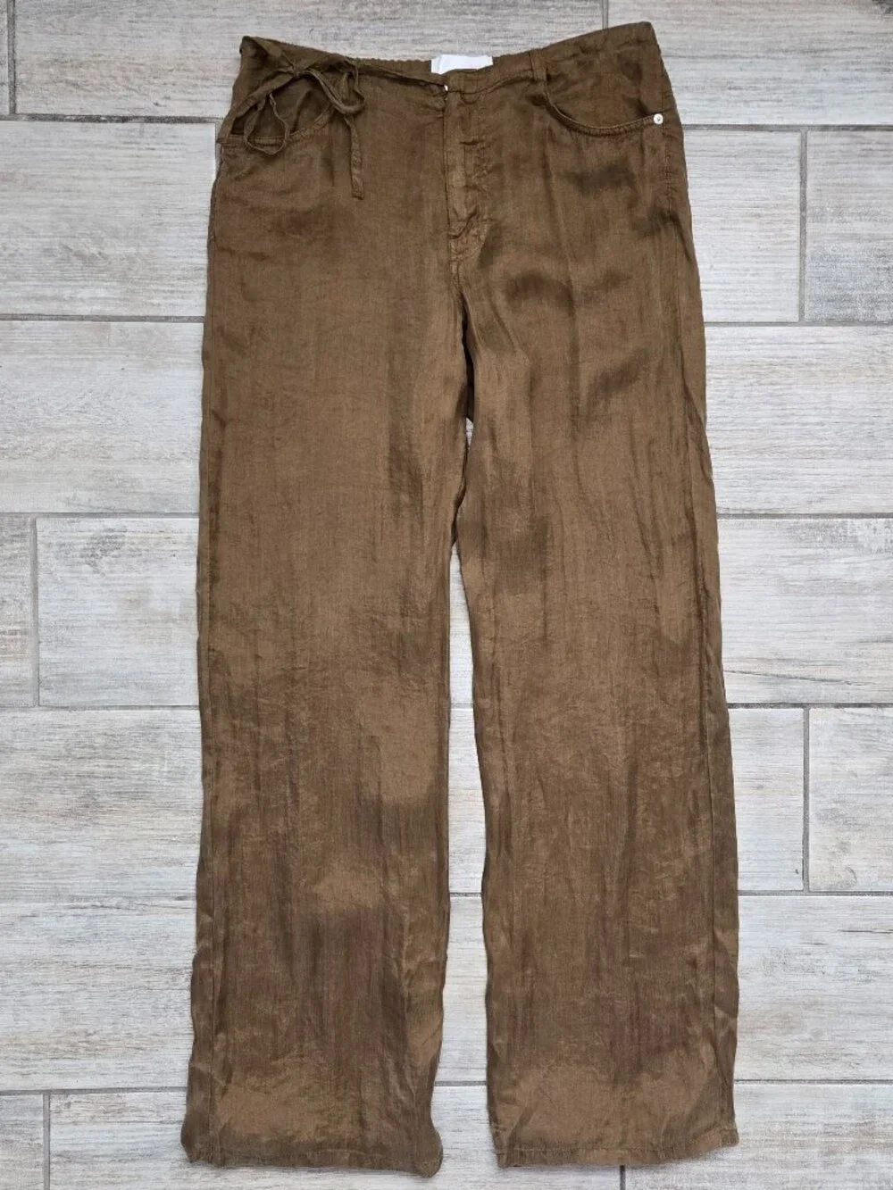 Zara Lyocell Straight Leg Pants Womens Coffee Brown Flowy Shimmery Tie Waist 4
